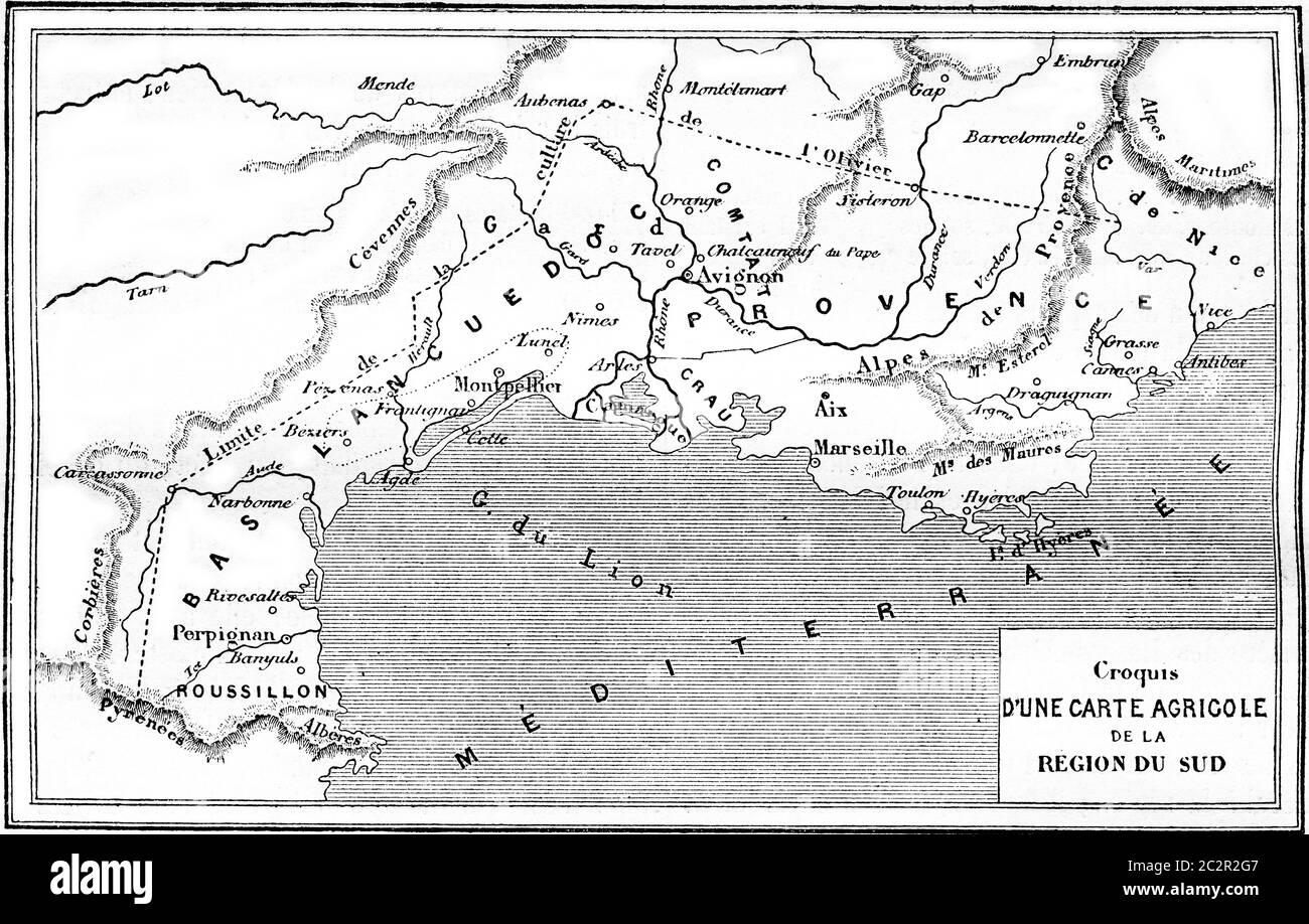 Mappa agricola della Regione Sud, illustrazione d'annata incisa. Magasin Pittoresque 1861. Foto Stock