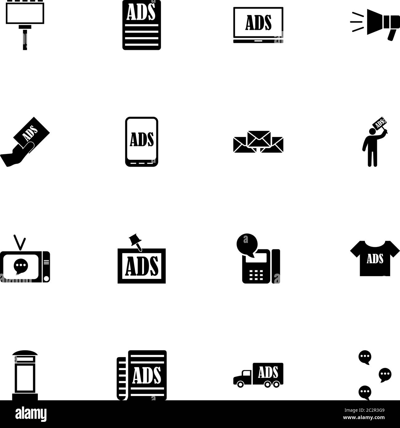 Icona dell'annuncio - consente di espandere la visualizzazione a qualsiasi dimensione - consente di modificare qualsiasi colore. Perfect Flat Vector contiene icone come tv, telefono, fax, t-shirt, giornale, opuscolo Illustrazione Vettoriale