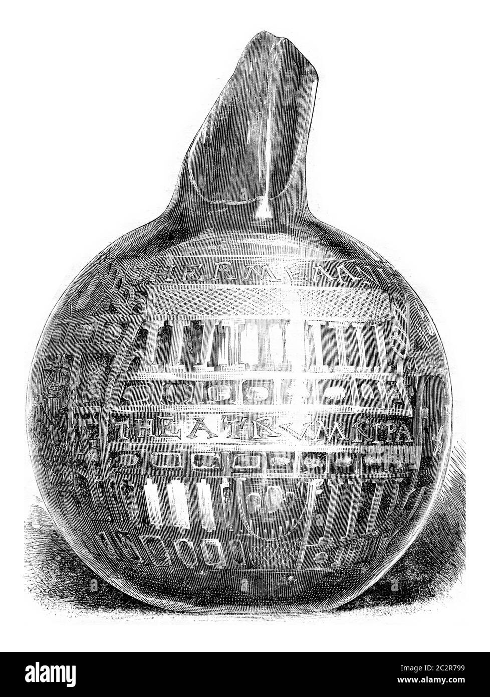 Accademia di Belle Arti di Lisbona, bottiglia di vetro romano grave, illustrazione d'epoca incisa. Magasin Pittoresque 1873. Foto Stock