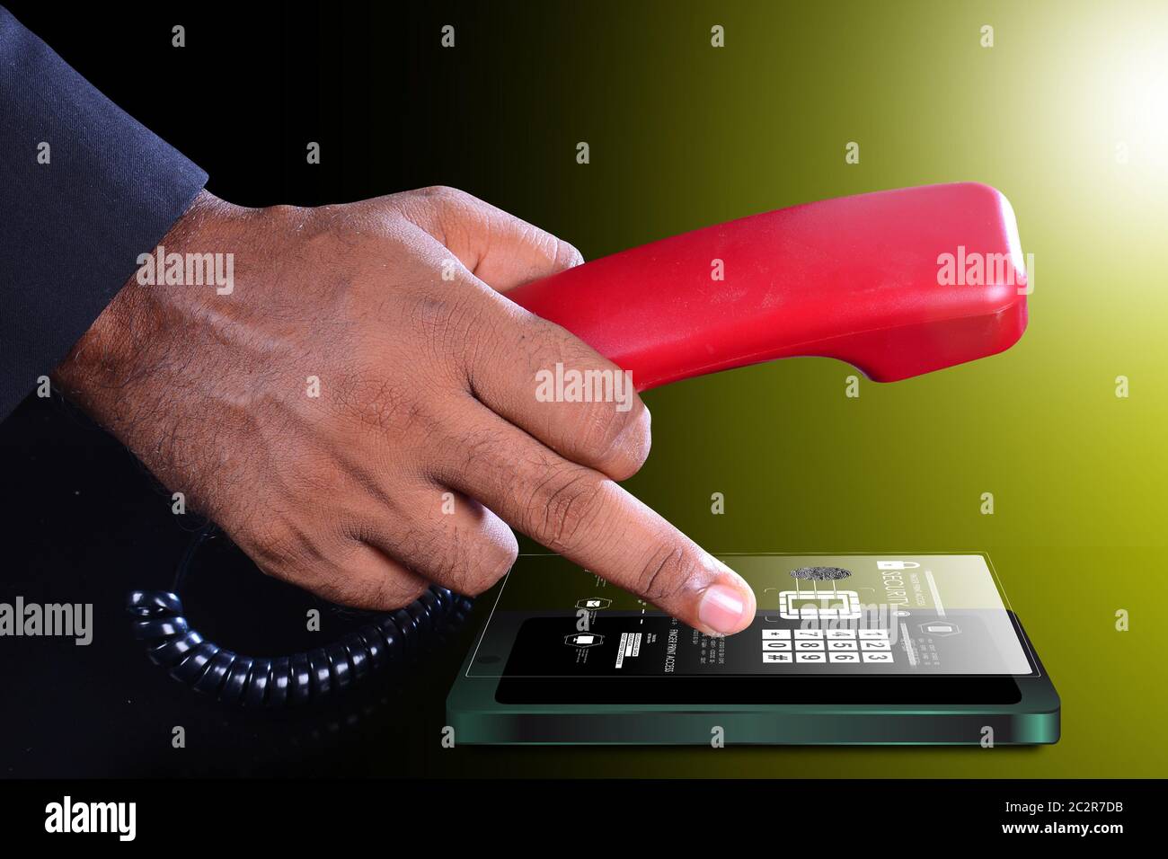 Man mano con telefono, concetto di comunicazione Foto Stock