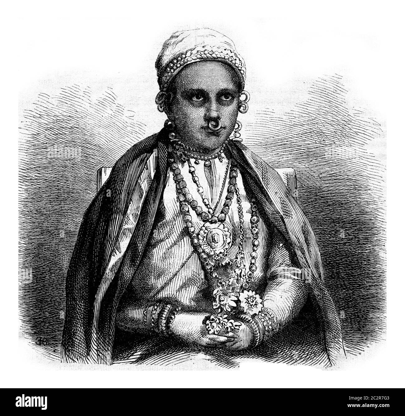 Aziza, nipote del governatore di Zanzibar, illustrazione d'epoca incisa. Magasin Pittoresque 1873. Foto Stock