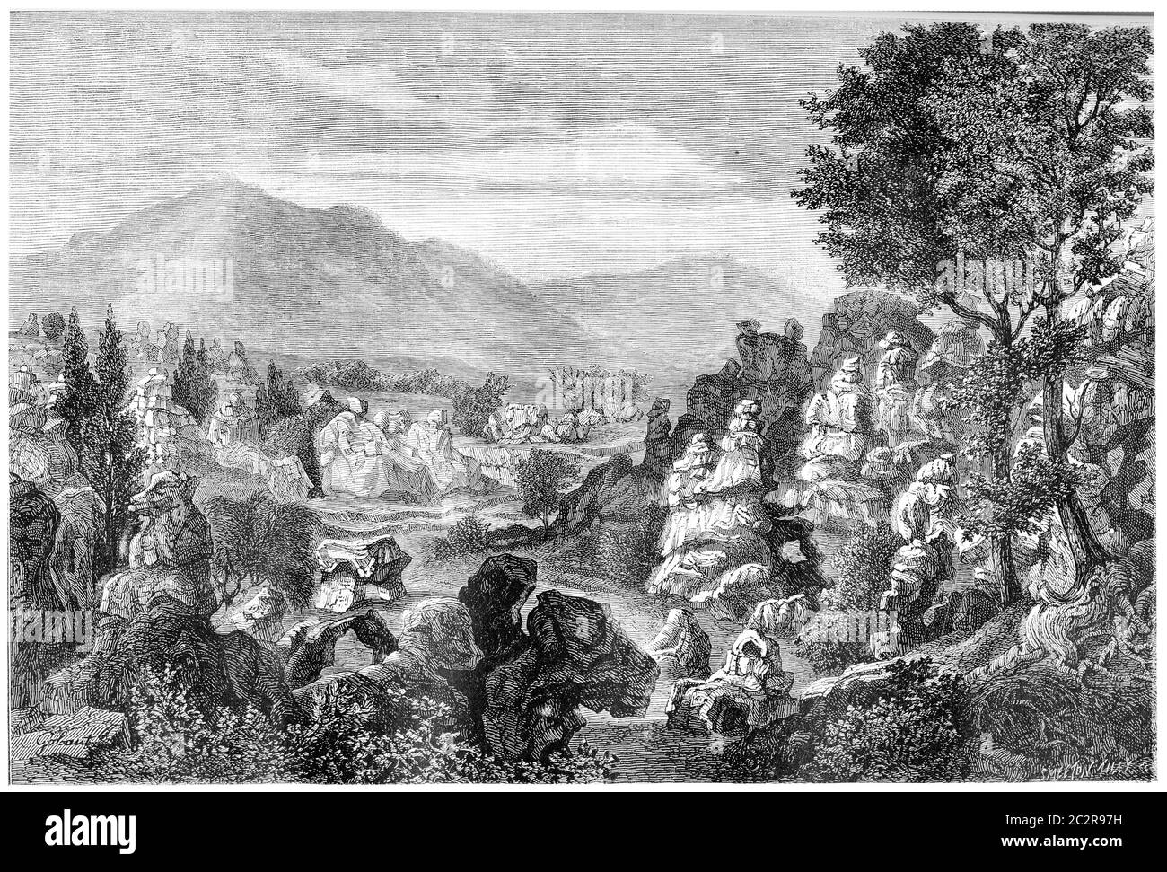 Formazioni rocciose calcaree del fiume Ardeche, regione di Ardeche, Francia, illustrazione d'epoca incisa. Magasin Pittoresque 1874. Foto Stock