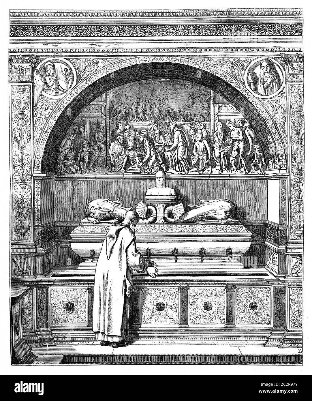 La fontana dei Monaci, ha la Certosa di Pavia. - disegno di E. Lechevallier-Chevignard, illustrazione d'epoca incisa. Magasin Pittoresque 1875. Foto Stock
