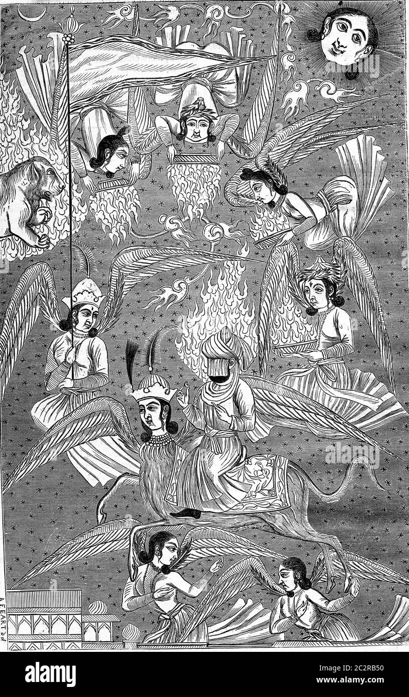 Muhammad ha portato al cielo dall'angelo Gabriel, e dopo una miniatura persiana, l'illustrazione d'epoca incisa. Magasin Pittoresque 1876. Foto Stock