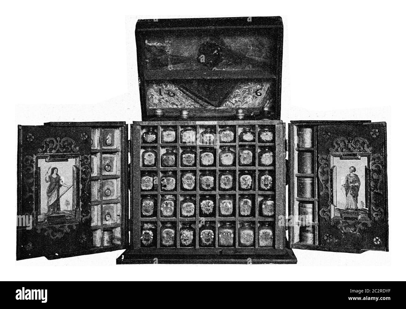 Farmacia tedesca di viaggio dal 17 ° secolo al Museo Nazionale Germanico di Norimberga, illustrazione d'epoca incisa. Dall'Universo e Humani Foto Stock