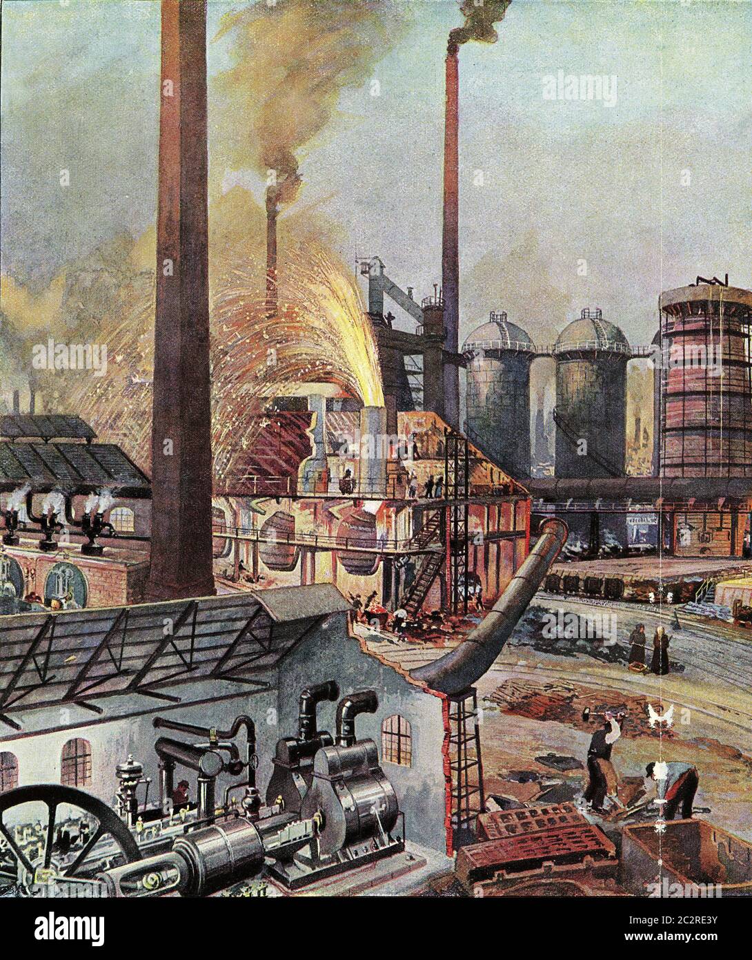 Interno degli edifici di una fonderia, vintage inciso illustrazione. Dall'Universo e dall'umanità, 1910. Foto Stock