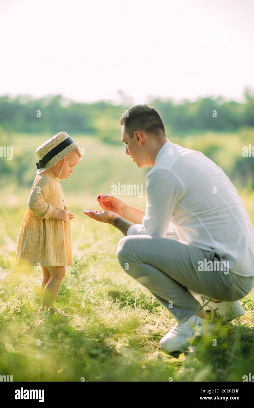 Un padre dà le bacche della figlia durante una passeggiata nel prato. Foto Stock