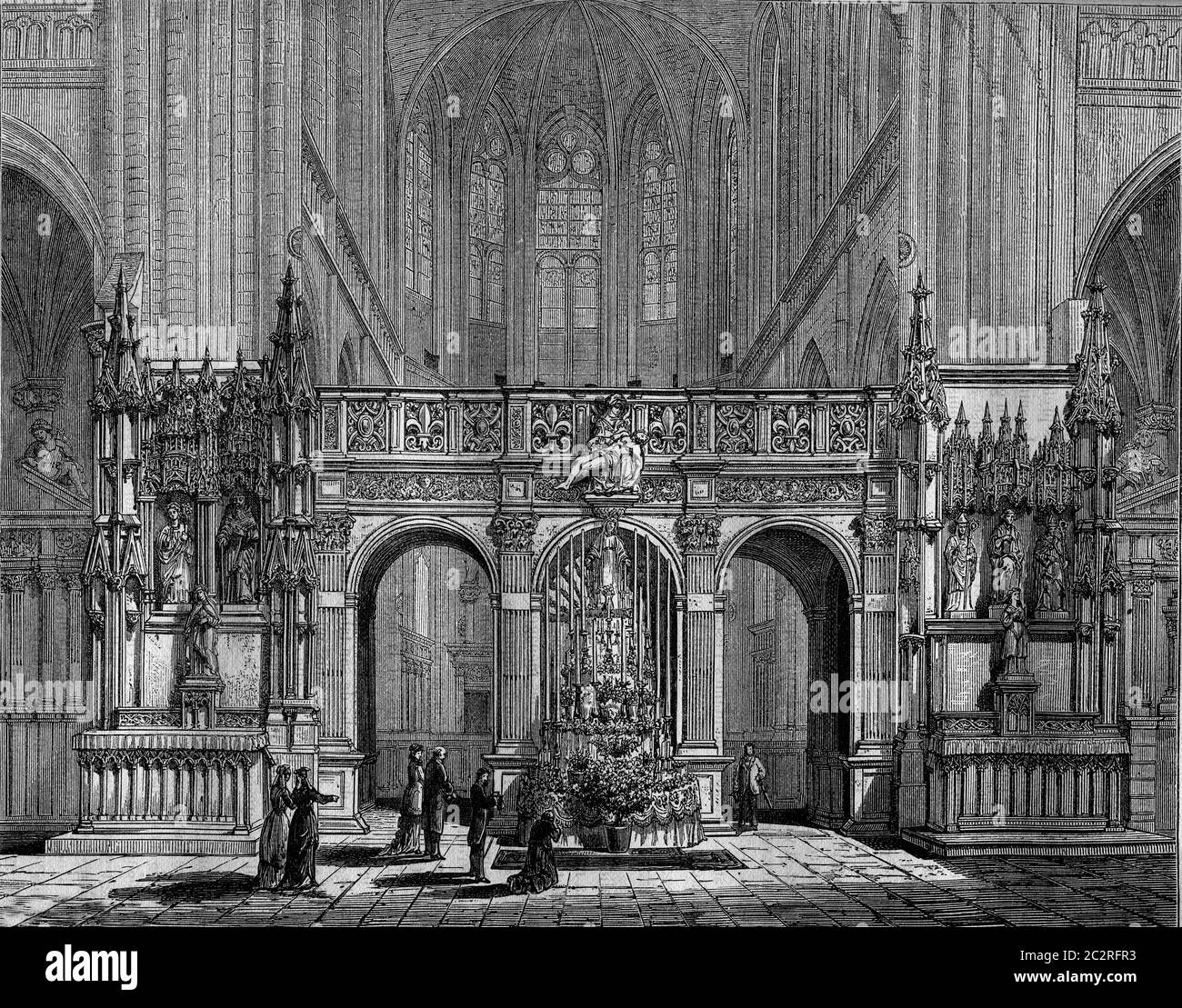 Il Rood schermo della chiesa di Saint-Florentin, Yonne, annata illustrazione incisa. Magasin Pittoresque 1880. Foto Stock