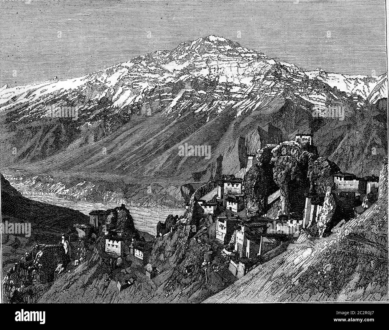 Dhankar Village, Spiti, illustrazione d'epoca incisa. Magasin Pittoresque 1880. Foto Stock