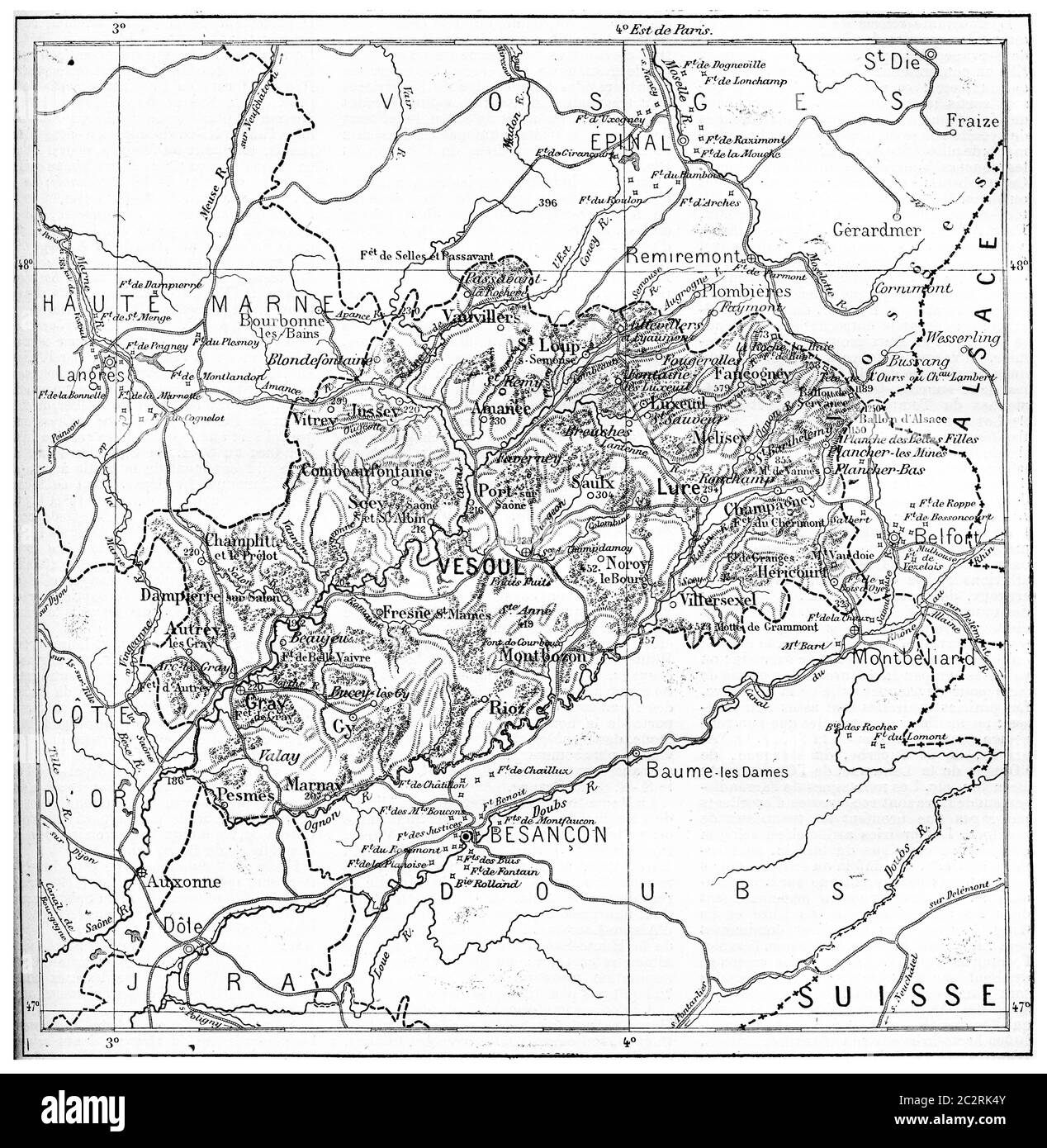 Vecchia illustrazione incisa della mappa del Dipartimento di Haute-Saone. Dizionario delle parole e delle cose - Larive e Fleury ? 1895 Foto Stock