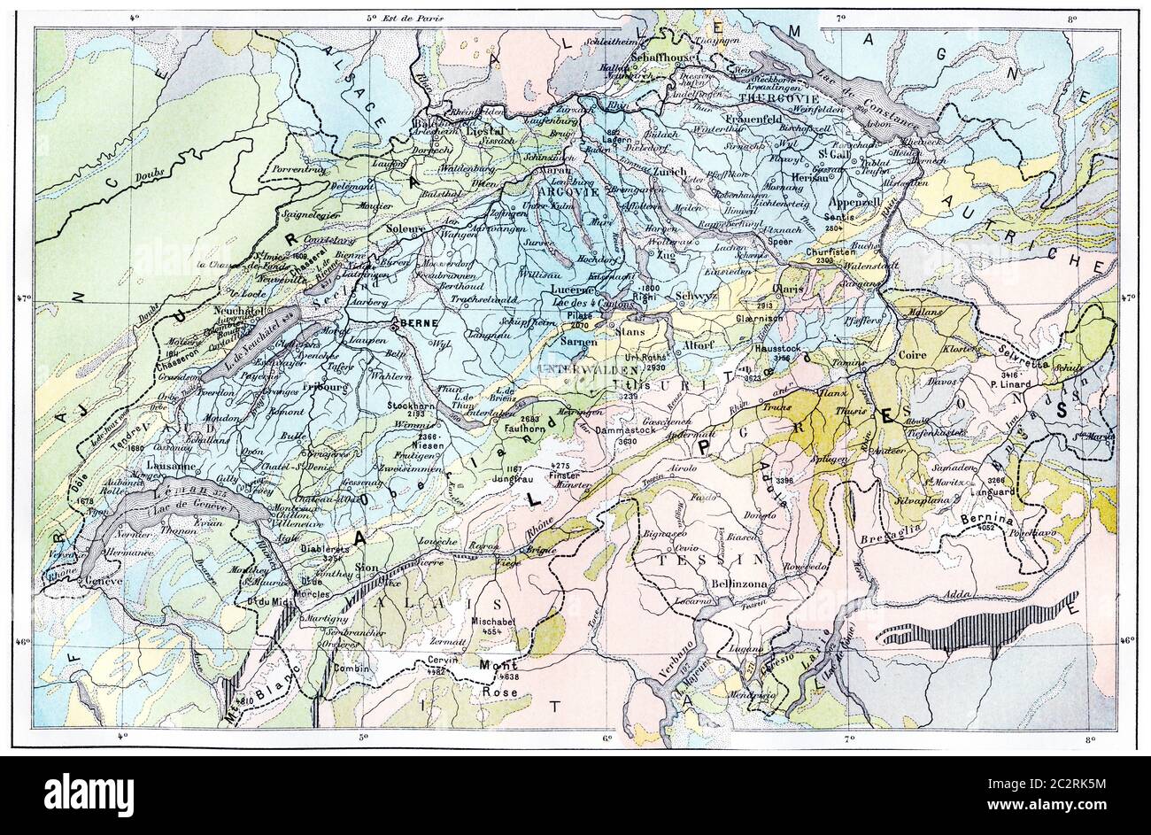 Mappa topografica delle Alpi, illustrazione d'annata incisa. Dizionario delle parole e delle cose - Larive e Fleury - 1895 Foto Stock