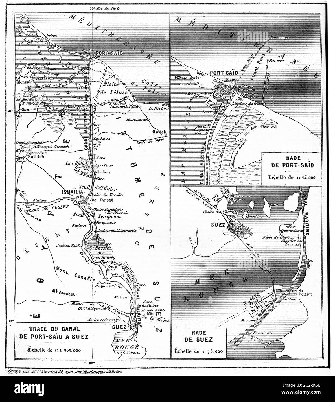 Mappa del canale di Suez, illustrazione vintage incisa. Dizionario delle parole e delle cose - Larive e Fleury - 1895. Foto Stock