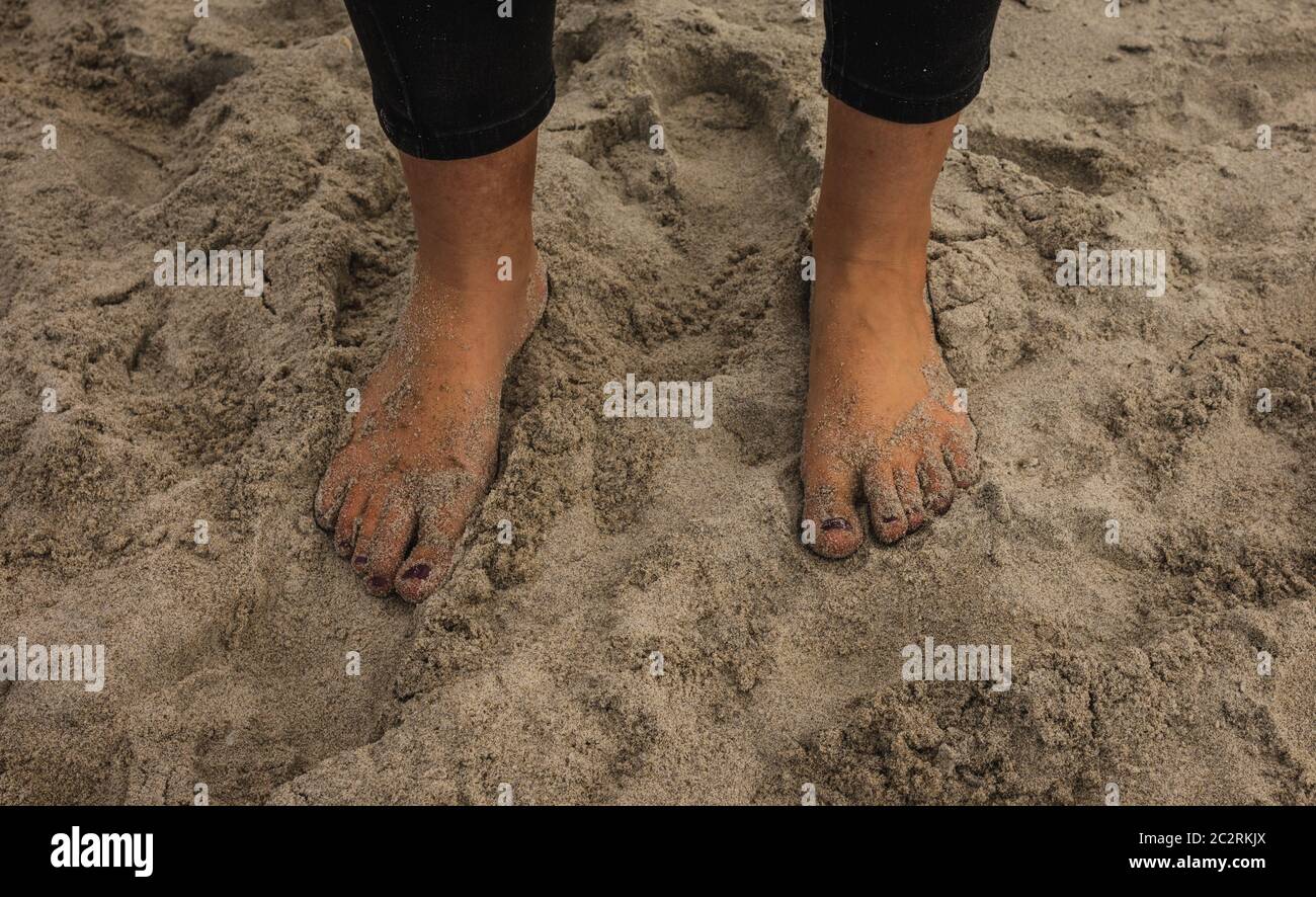 Piedi di sabbia circondati da conchiglie in una giornata estiva in spiaggia Foto Stock