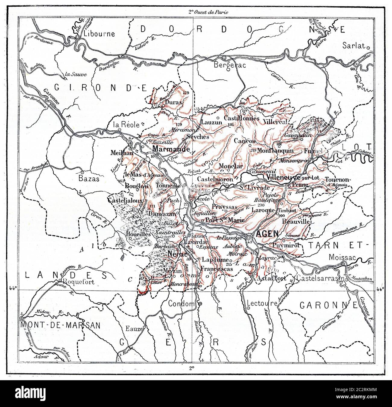 Mappa topografica del dipartimento di Lot-et-Garonne in Aquitania, Francia, illustrazione d'annata incisa. Dizionario delle parole e delle cose - Larive e. Foto Stock