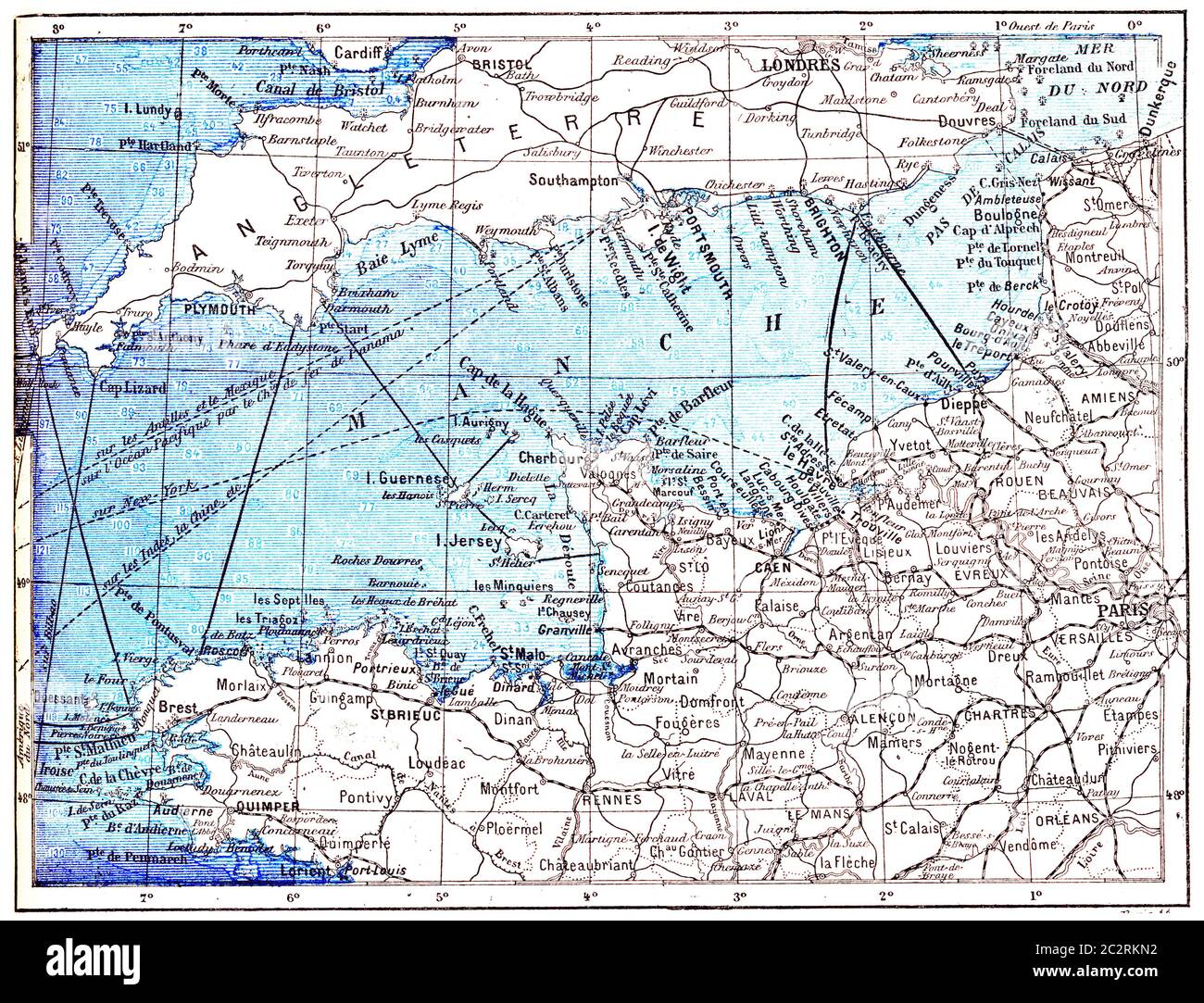 Mappa topografica della Manica in basse-Normandie, Francia, illustrazione d'epoca incisa. Dizionario delle parole e delle cose - Larive Foto Stock