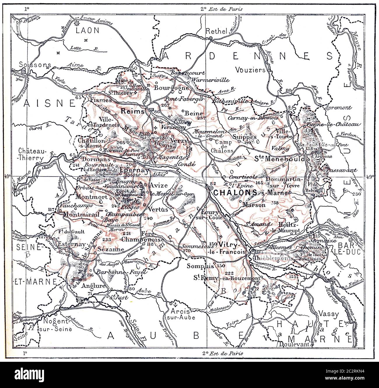 Mappa topografica della Marna in Champagne-Ardenne, Francia, illustrazione d'annata incisa. Dizionario delle parole e delle cose - Larive e Fleury - 1895 Foto Stock