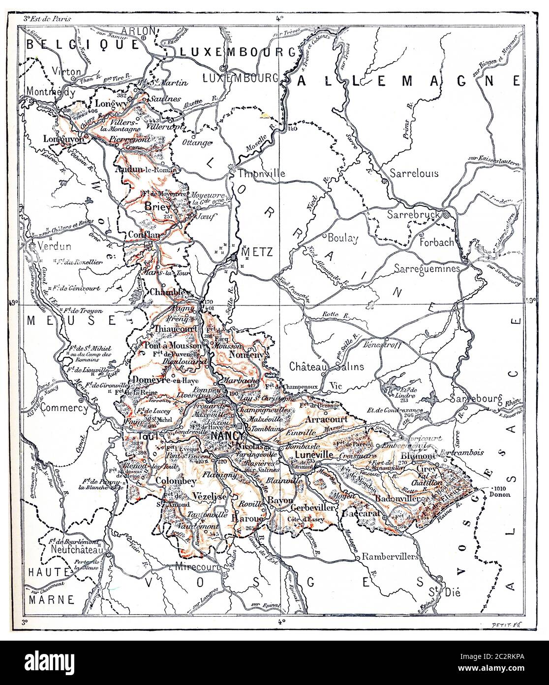 Mappa topografica di Meurthe-et-Moselle in Lorena, Francia, illustrazione d'annata incisa. Dizionario delle parole e delle cose - Larive e Fleury - 1895 Foto Stock