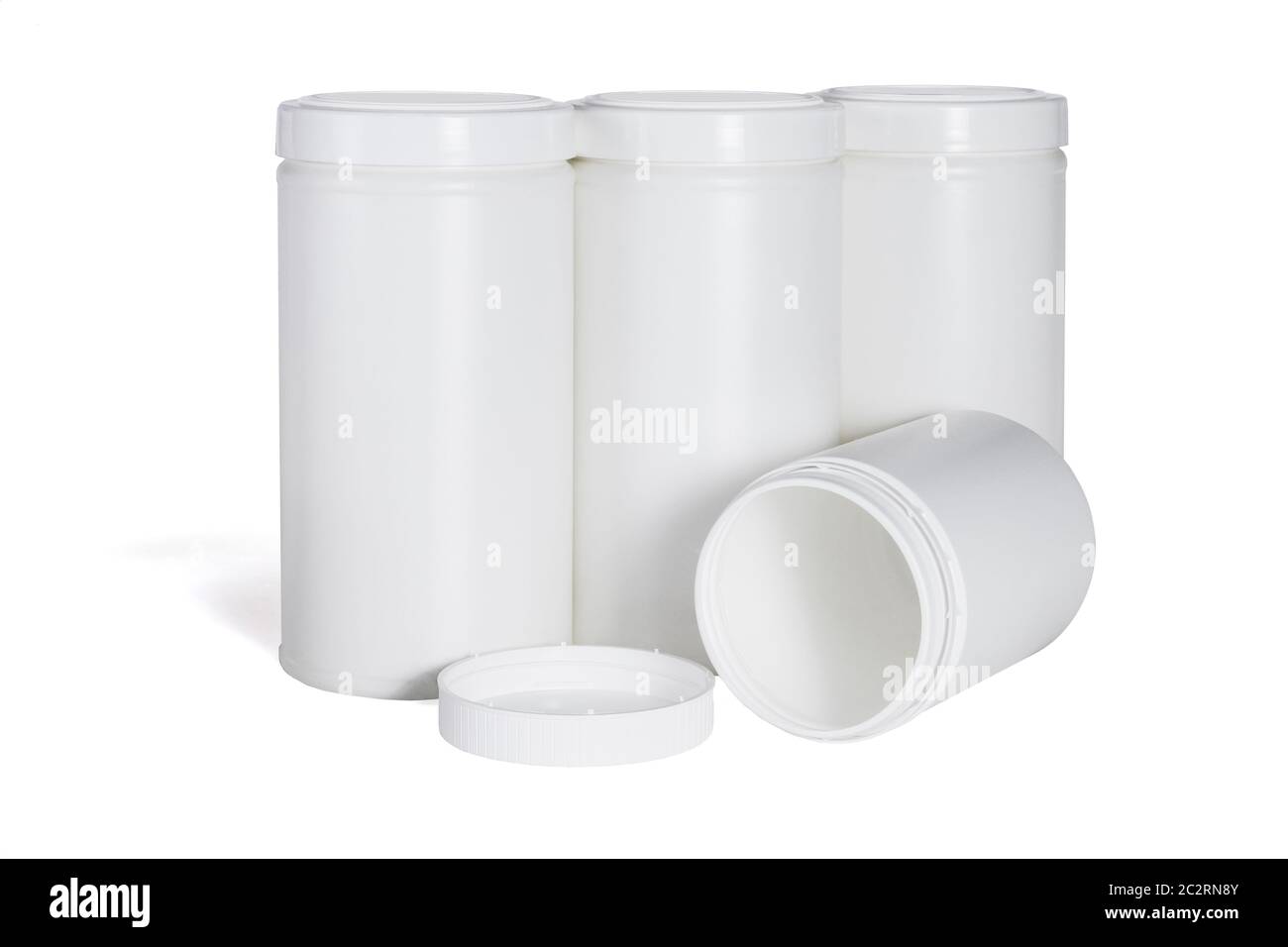 Quattro contenitori in plastica su sfondo bianco Foto Stock