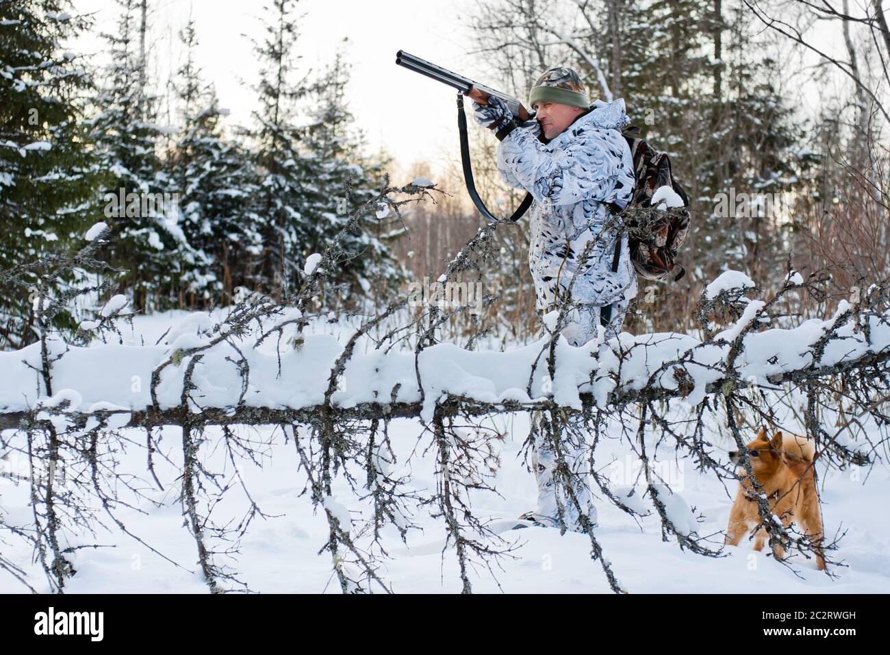cacciatore in camuffamento sulla caccia invernale Foto Stock