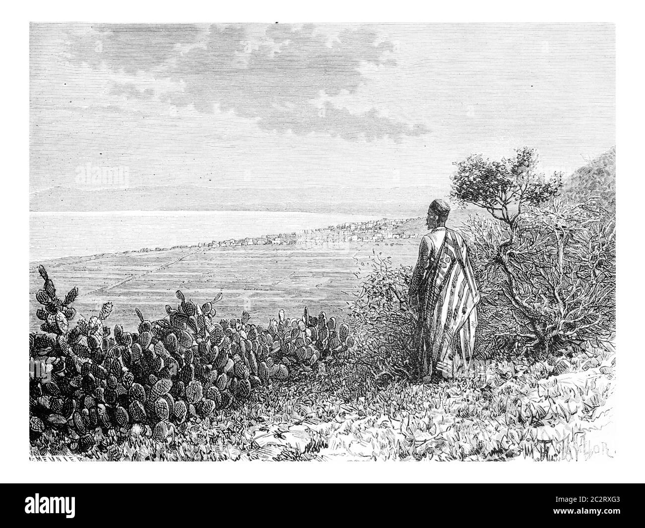 Città di Haifa in Israele vista da un uomo dal Monte Carmelo, illustrazione d'epoca incisa. Le Tour du Monde, Travel Journal, 1881 Foto Stock