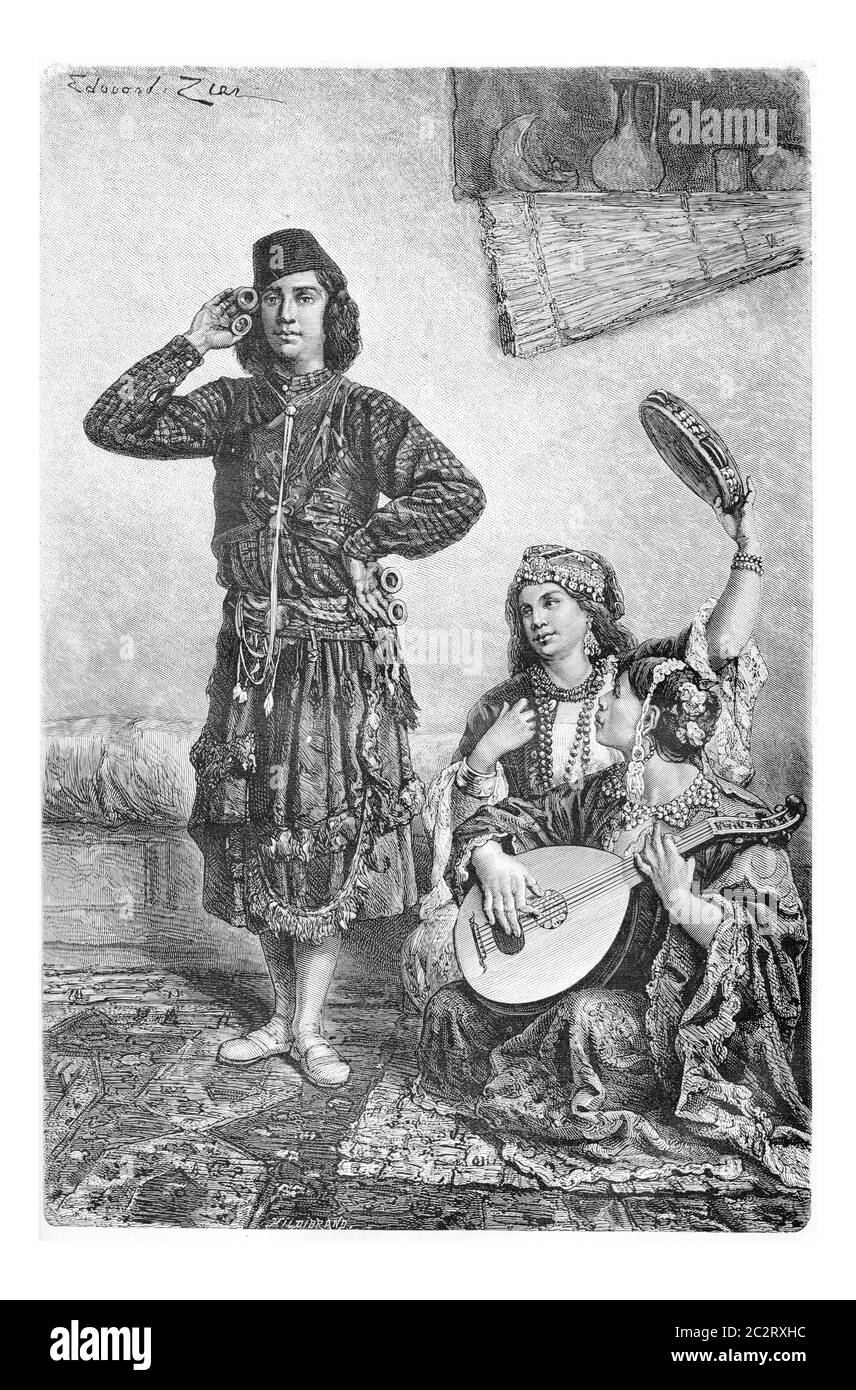 Ballerino mesopotamiano e musicisti di Acre, Israele, illustrazione d'epoca incisa. Le Tour du Monde, Travel Journal, 1881 Foto Stock