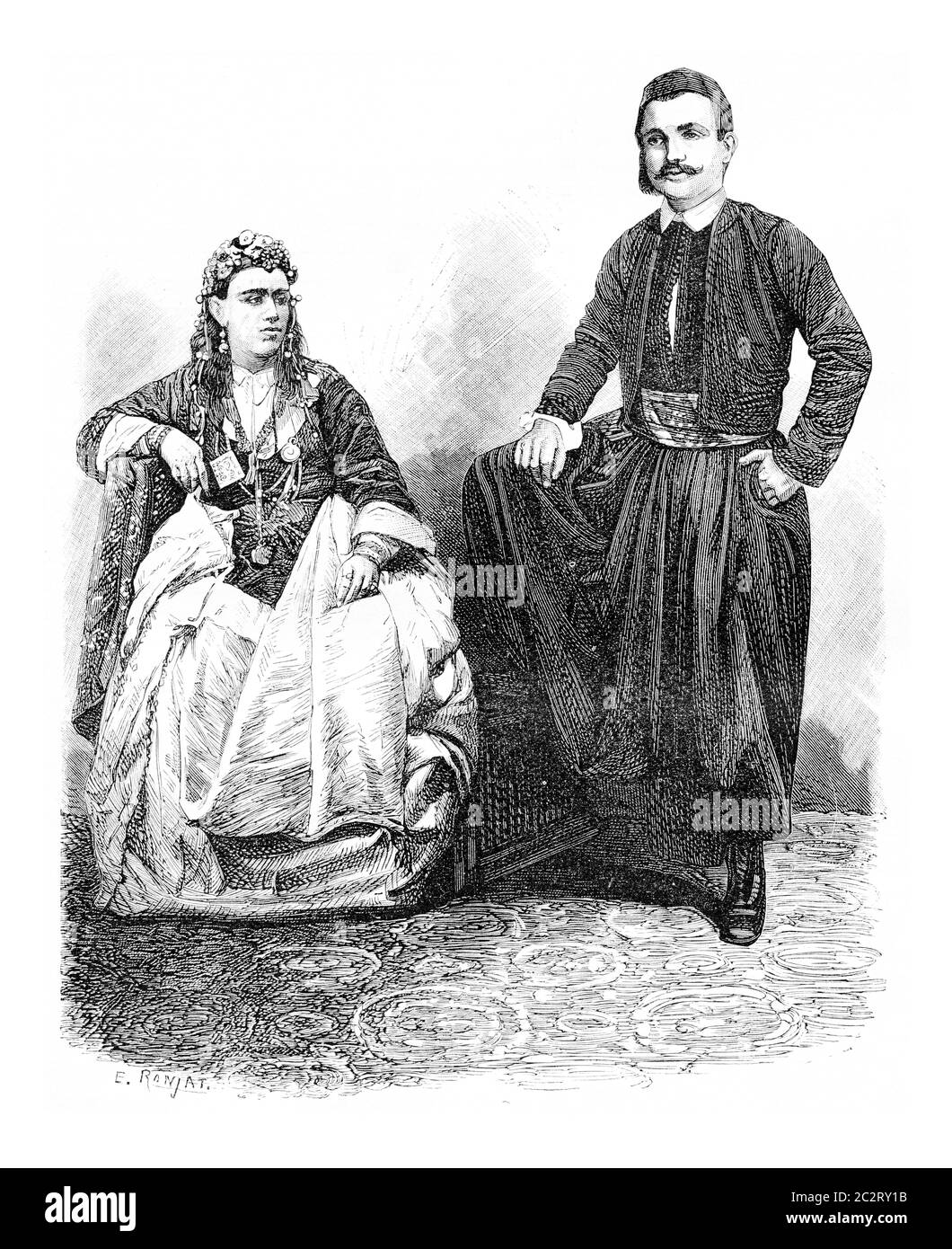 Uomo musulmano e Donna in Acre, Israele, illustrazione d'epoca incisa. Le Tour du Monde, Travel Journal, 1881 Foto Stock