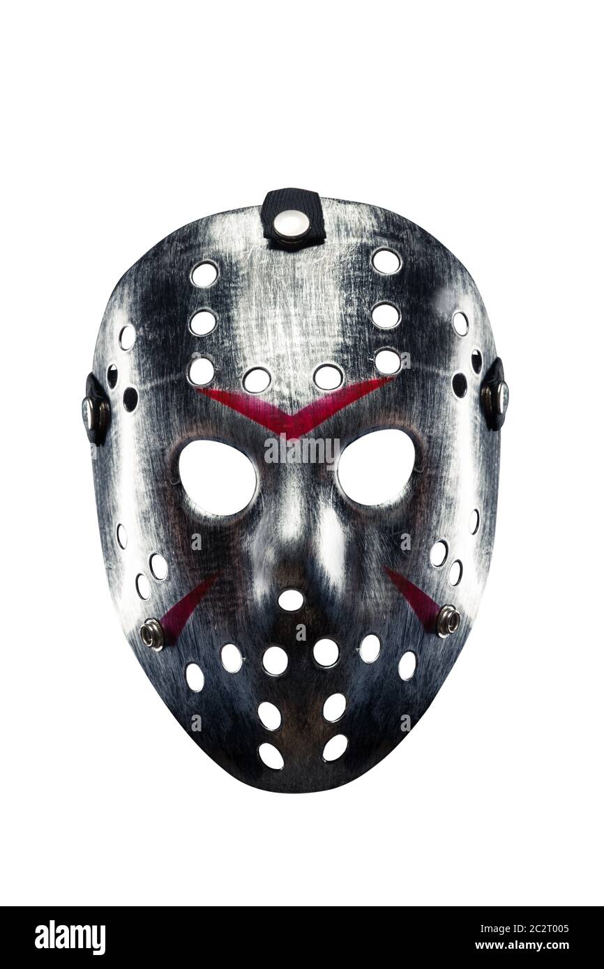 Orribile nero maschera di hockey del serial killer con strisce di sanguinose isolati su sfondo bianco. Foto Stock