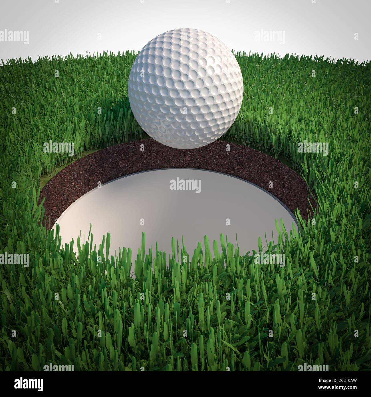 dettaglio di una sfera di golf che cade nel foro. rendering 3d. nessuno intorno. Foto Stock