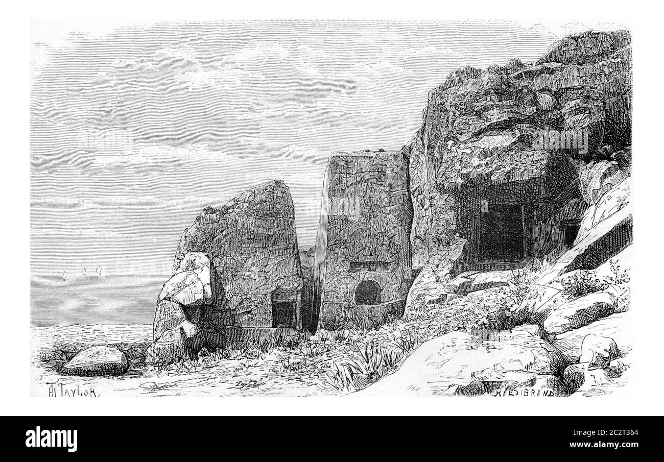 Necropoli fenicia di Adloun a Tiro, Libano, illustrazione d'epoca incisa. Le Tour du Monde, Travel Journal, 1881 Foto Stock