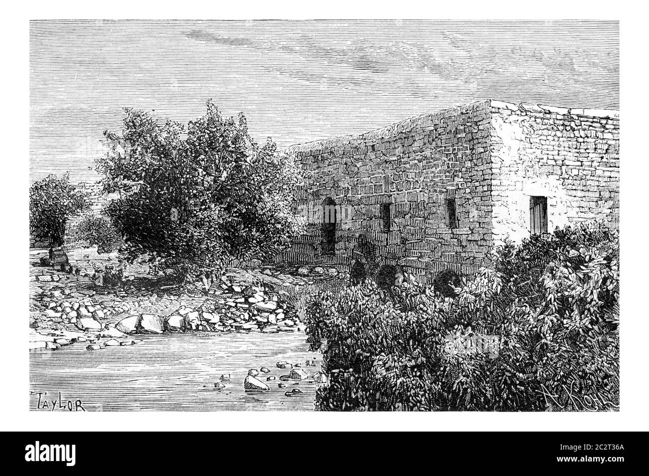 Un mulino a Ras al-Ayn, Siria, illustrazione d'annata incisa. Le Tour du Monde, Travel Journal, 1881 Foto Stock