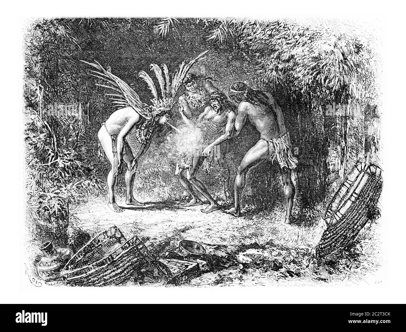 Nativo soffiando sigaretta fumo in Oiapoque, Brasile, disegno di Riou da un disegno del Dr. Crevaux, annata illustrazione incisa. Le Tour du Monde, Tra Foto Stock