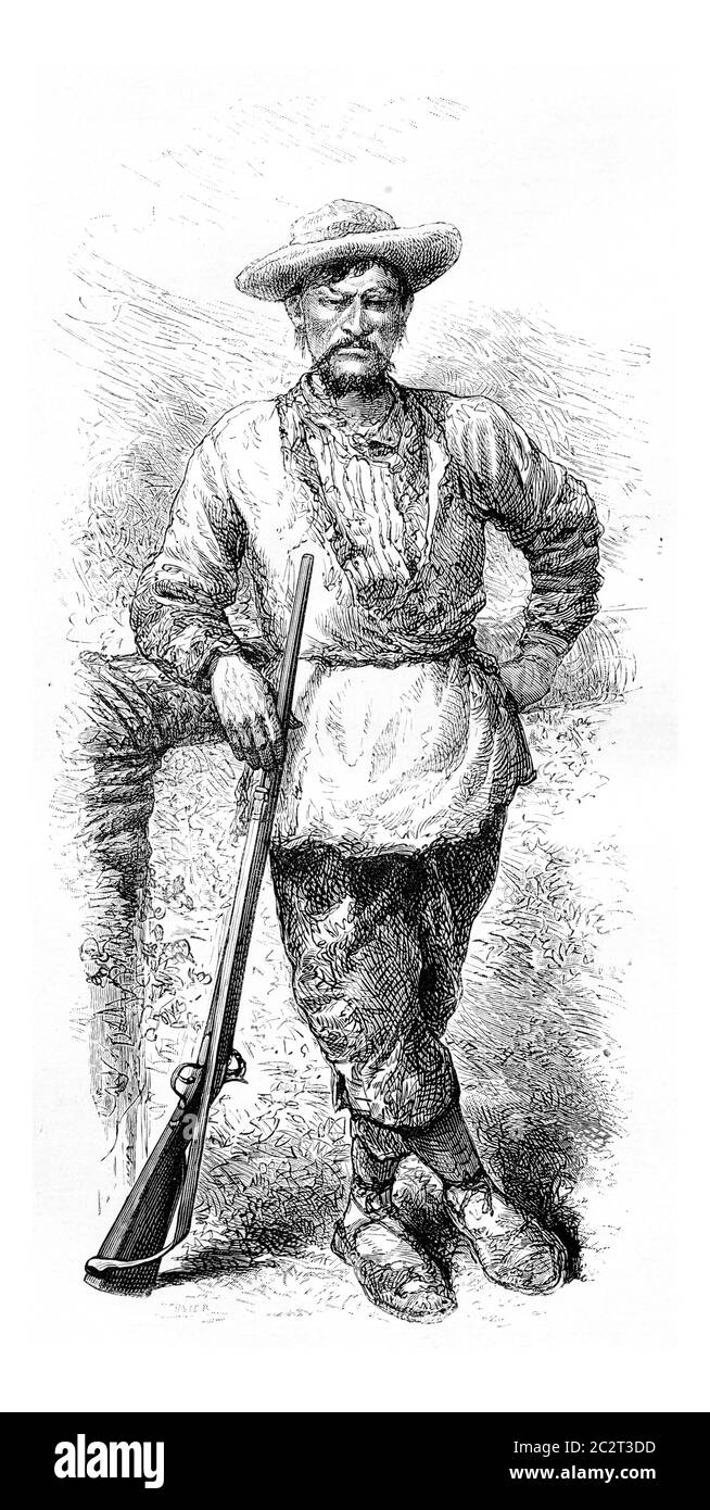 Santa Cruz Holding a Rifle in Amazonas, Brasile, disegno di Riou da un disegno del Dr. Crevaux, annata illustrazione incisa. Le Tour du Monde, Viaggi Foto Stock
