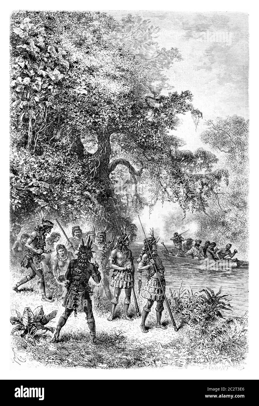 Arrivo in barca al villaggio di Coreguaje ad Amazonas, Brasile, disegno di Riou da una fotografia, immagine d'epoca incisa. Le Tour du Monde, T. Foto Stock
