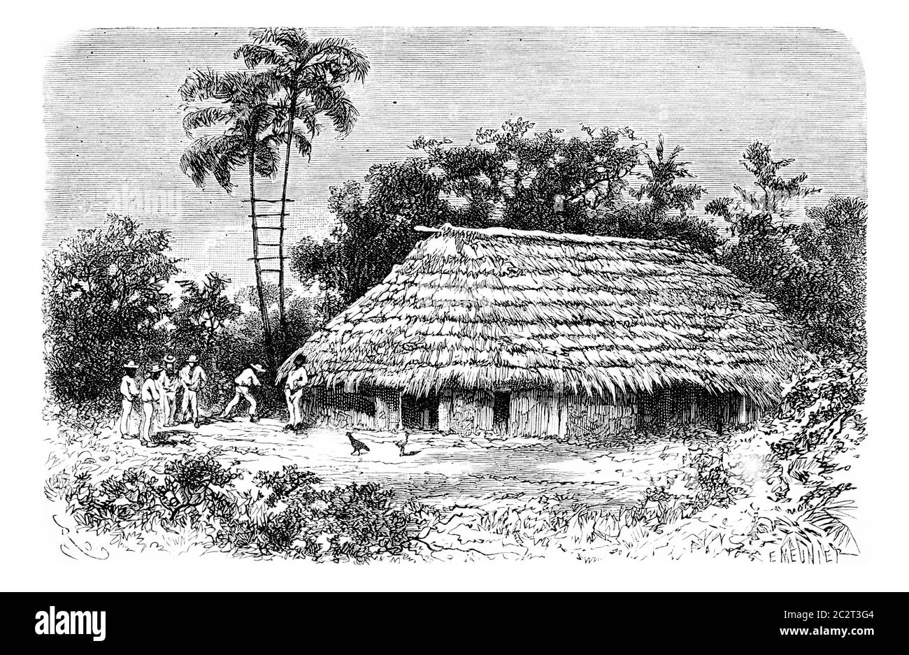 Tipica dimora nella città di Cuembi in Amazzonas, Brasile, disegno di Riou da una fotografia, annata illustrazione incisa. Le Tour du Monde, Viaggi Foto Stock