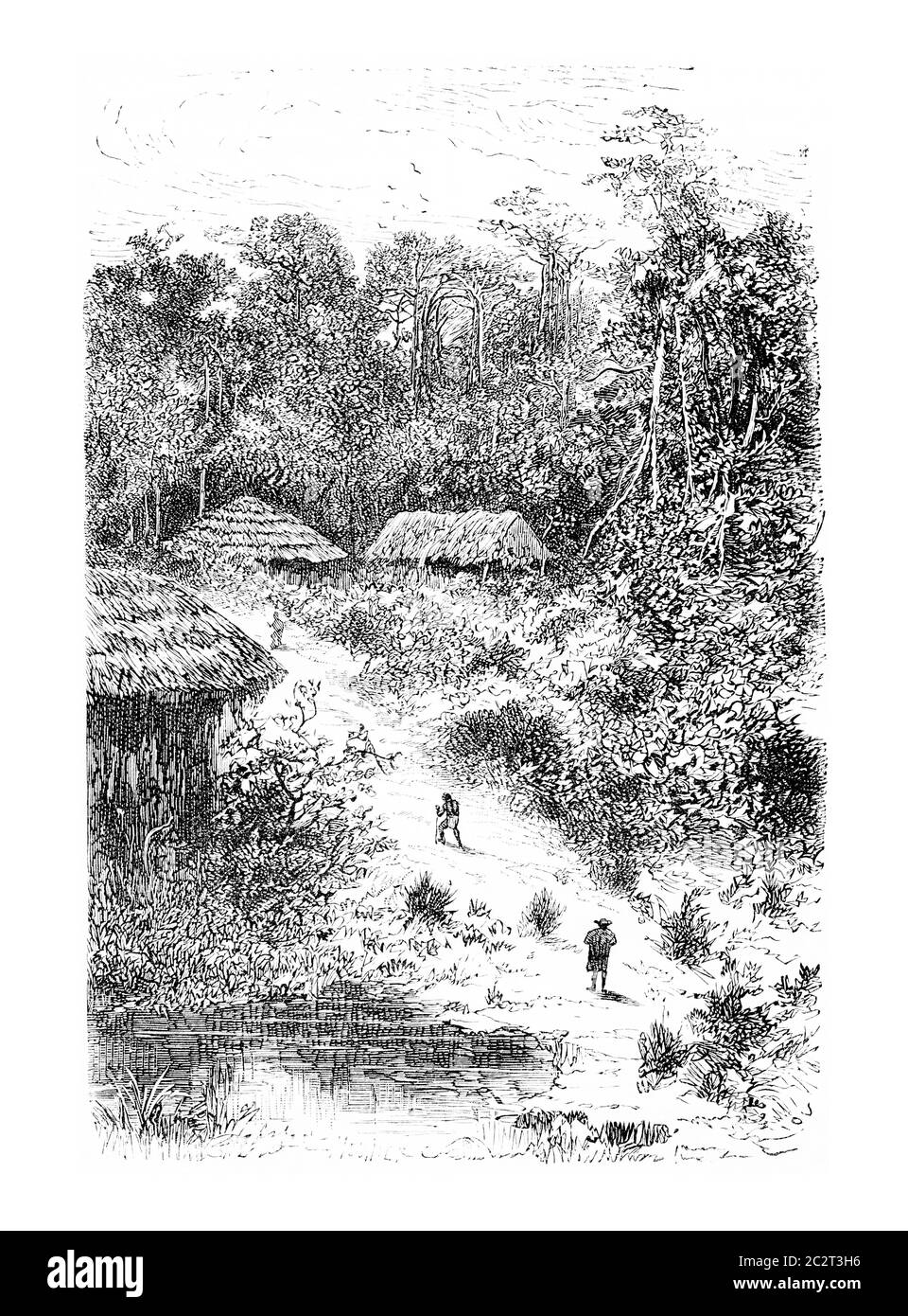 Villaggio di Guineo in Amazonas, Brasile, disegno di Riou da una fotografia, annata illustrazione incisa. Le Tour du Monde, Travel Journal, 1881 Foto Stock
