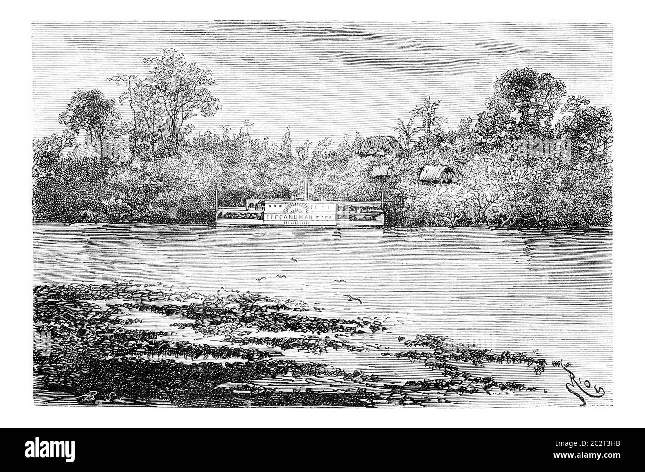 La nave a vapore Canuman lungo il fiume Ica ad Amazonas, Brasile, disegno di Riou da una fotografia, illustrazione d'epoca incisa. Le Tour du Monde, Fr Foto Stock
