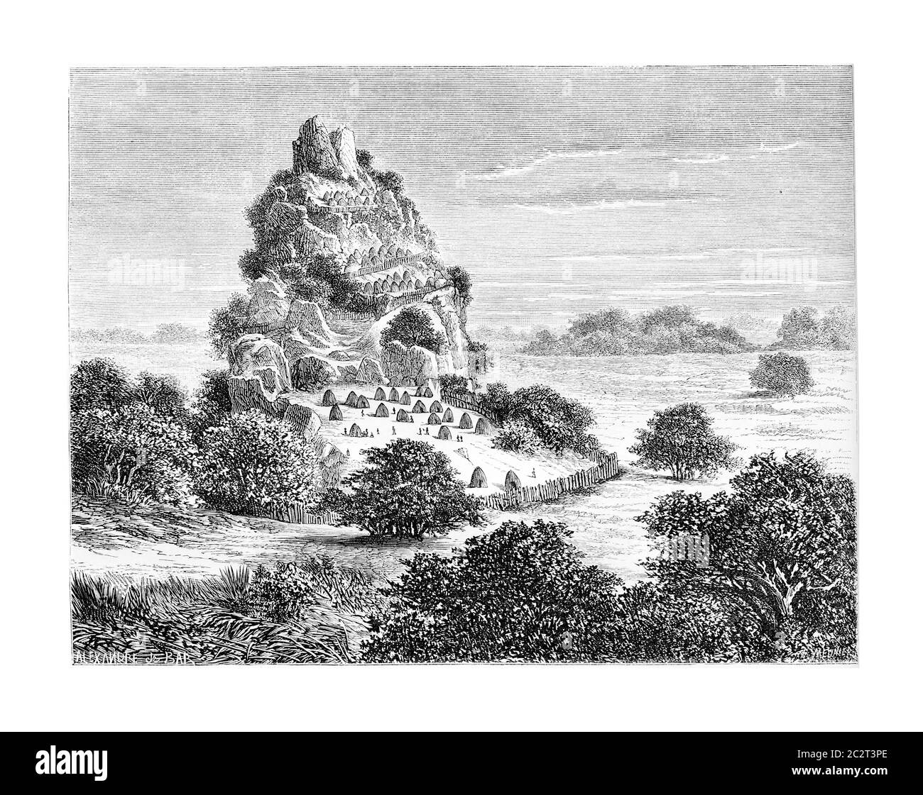 Cingolo, un regno di Ovimbundu in Angola, Africa meridionale, disegno di De Bar basato su un disegno di Serpa Pinto, illustrazione d'epoca incisa. Le Tour d Foto Stock
