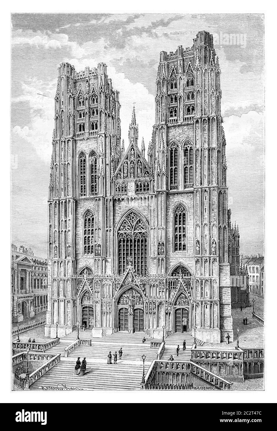 Cattedrale di San Michele e San Gudula a Bruxelles, Belgio, disegno di Catenacci basato su una fotografia, illustrazione d'epoca. Le Tour du Monde, Viaggi Foto Stock