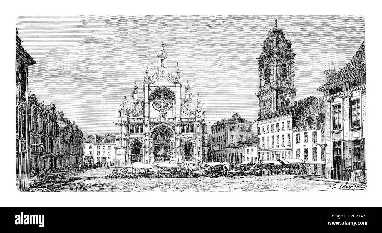 Chiesa di Santa Caterina ad Anversa, Belgio, disegno di Clerget basato su una fotografia di Levy, illustrazione d'epoca. Le Tour du Monde, Viaggi Journa Foto Stock