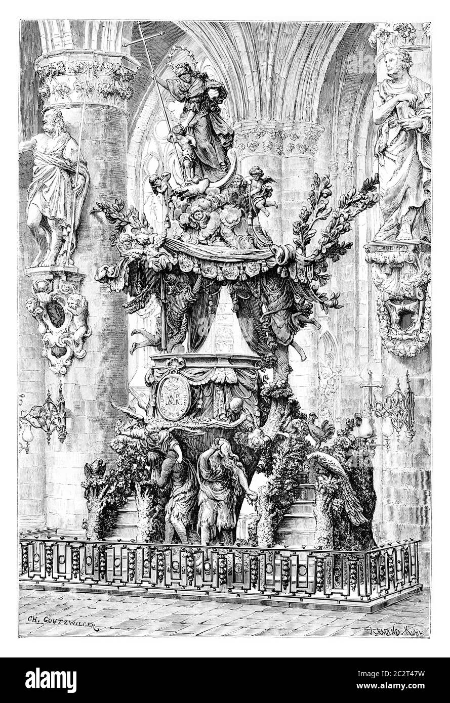 Cattedra di Saint Gudula a Bruxelles, Belgio, disegno di Goutzwiller basato su una fotografia di Levy, illustrazione d'epoca. Le Tour du Monde, viaggio Foto Stock