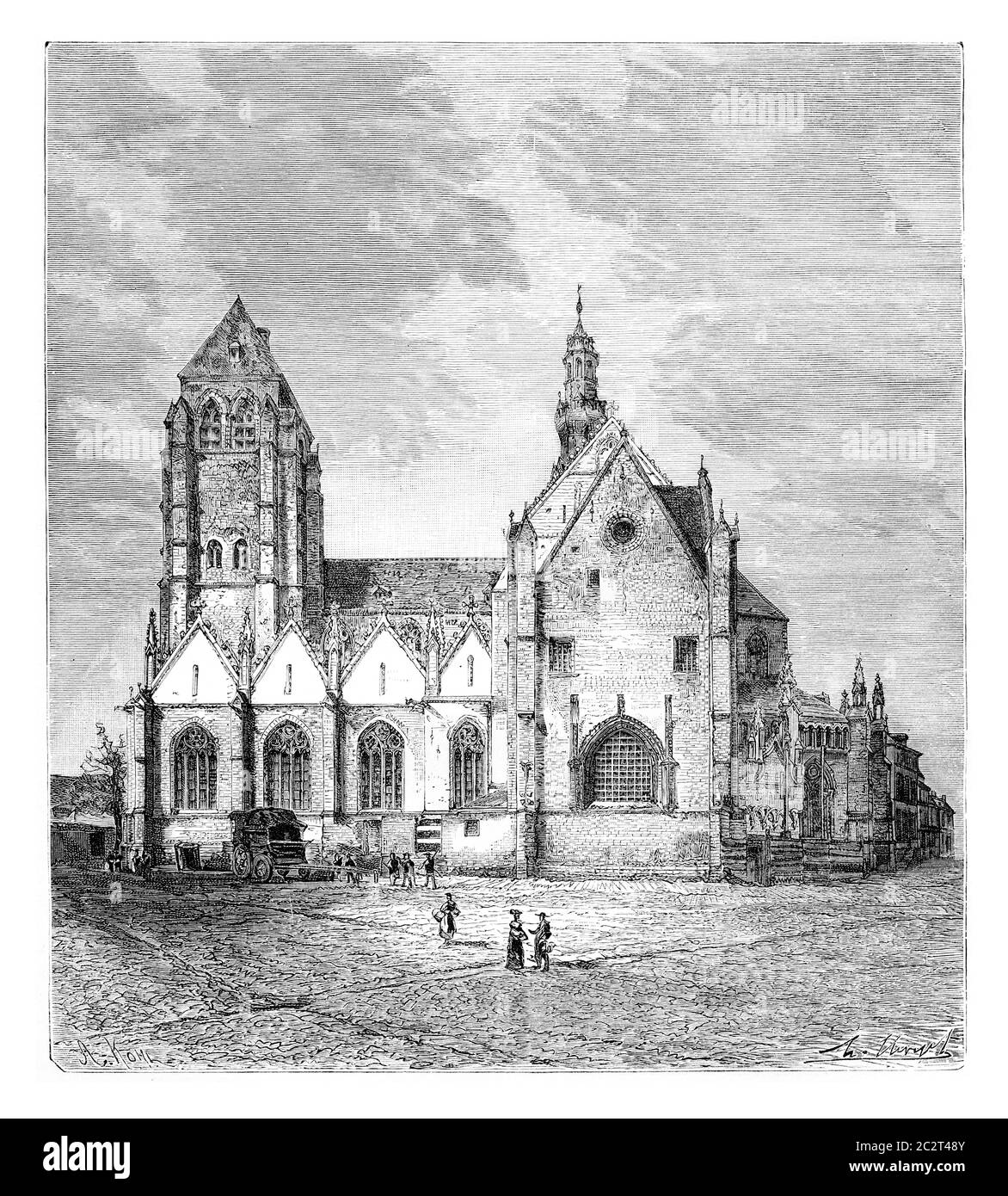 Chiesa di San Leonardo, Zoutleeuw, Belgio, disegno di Clerget basato su una fotografia, illustrazione d'epoca. Le Tour du Monde, Travel Journal, 1881 Foto Stock