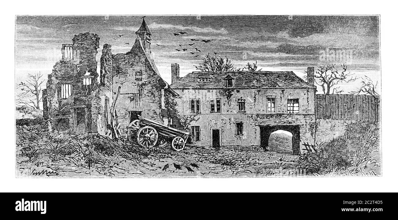 Hougomont Farm a Waterloo, Belgio, disegno di Vuillier basato su una fotografia, illustrazione d'epoca. Le Tour du Monde, Travel Journal, 1881 Foto Stock