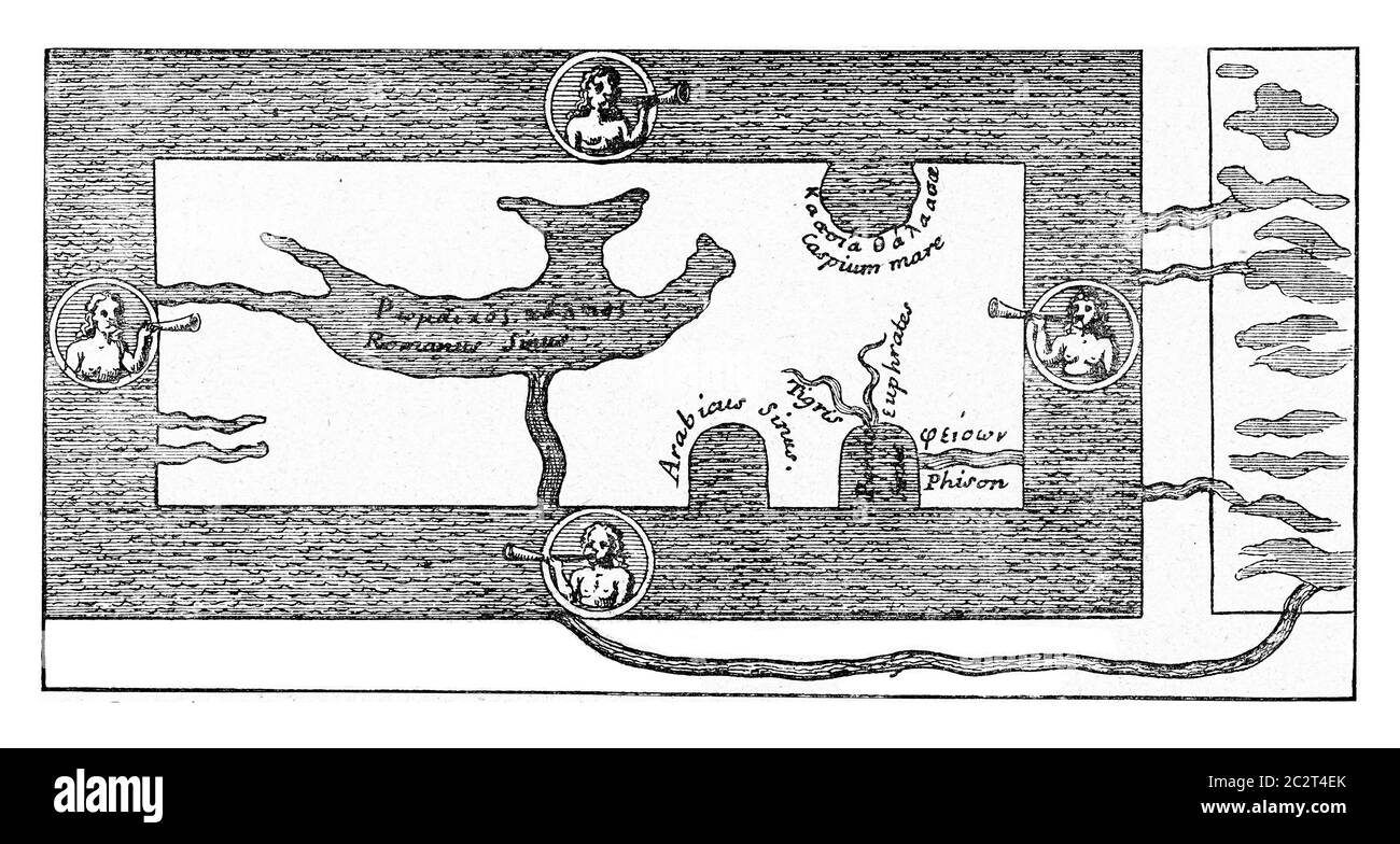 Mappa della terra, secondo il modello della tavola del tabernacolo di Mosè, illustrazione d'epoca incisa. Dall'Universo e dall'umanità, 1910. Foto Stock
