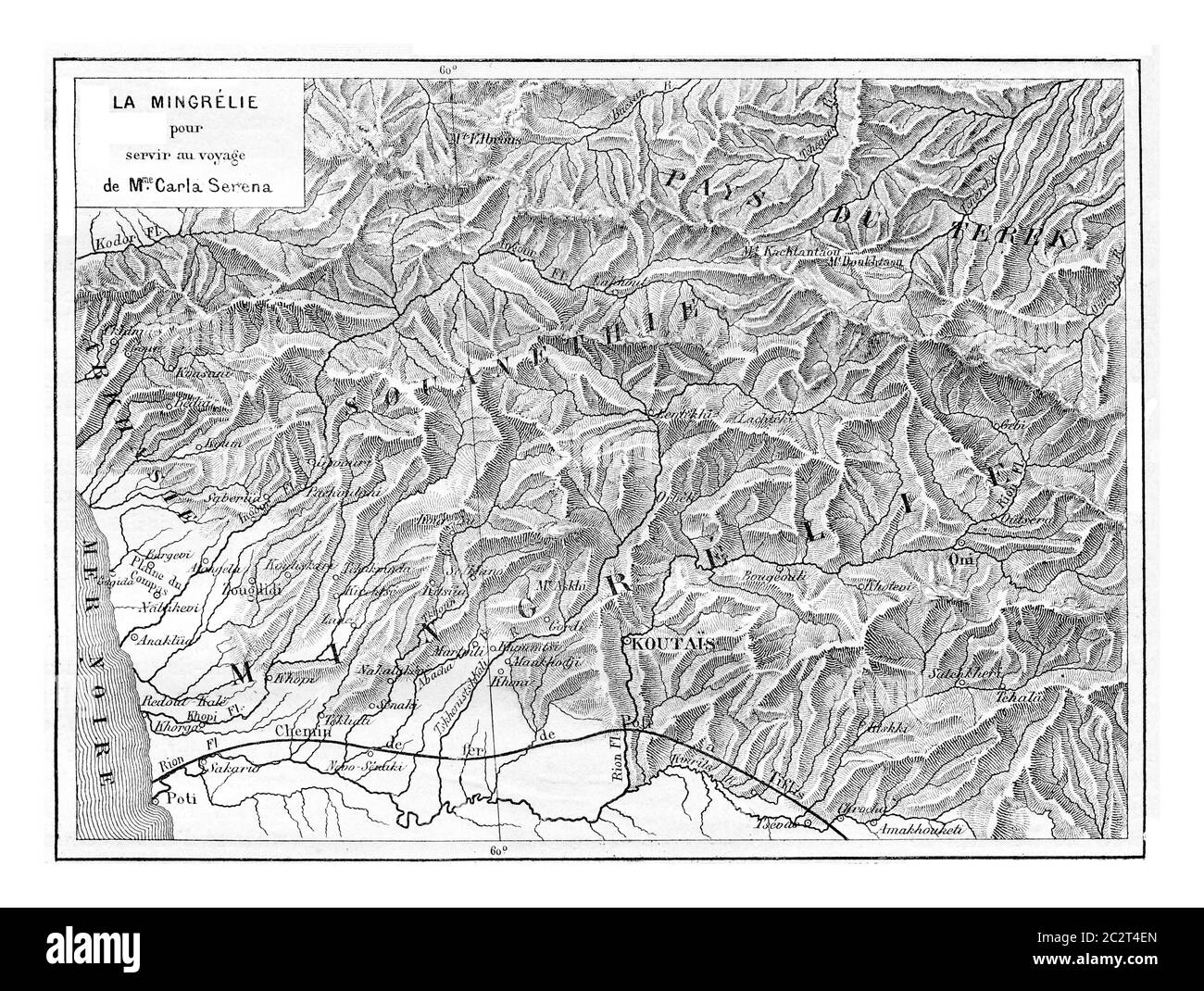 Mappa di Mingrelia a Svaneti, Georgia, illustrazione d'epoca. Le Tour du Monde, Travel Journal, 1881 Foto Stock