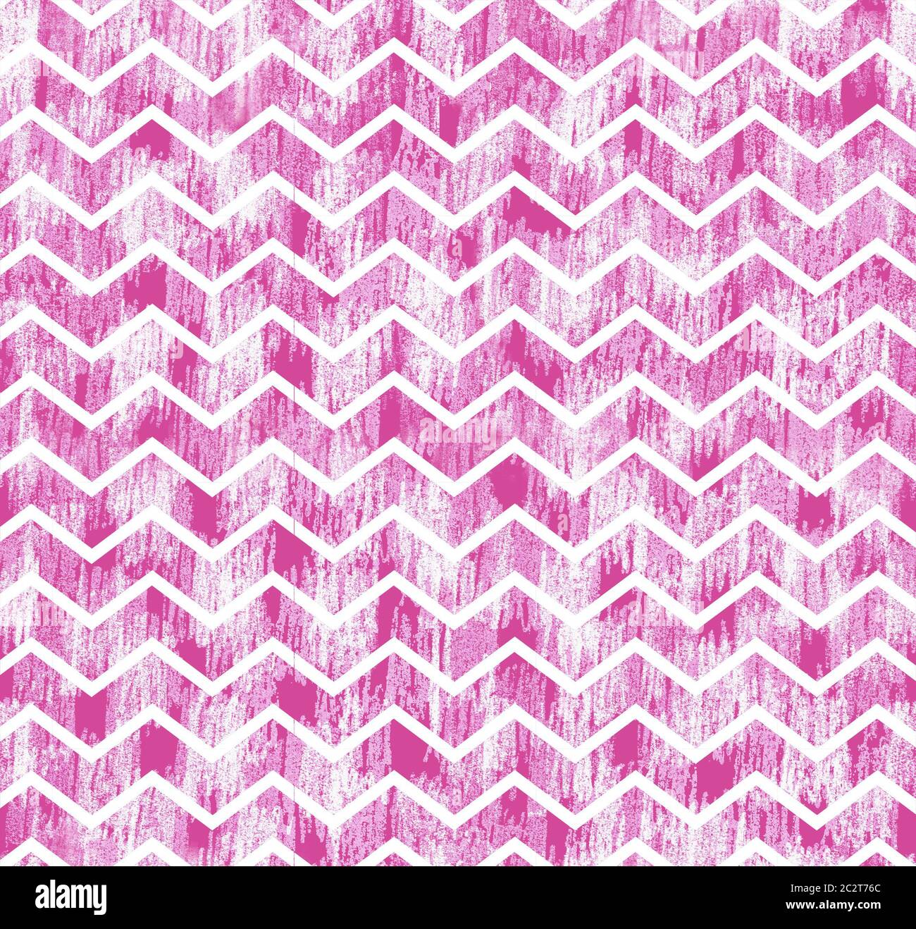Grunge strisce a zig-zag su sfondo rosa grunge fatto a mano. Rosa tratti bianchi motivo senza cuciture per tessuto, carta da imballaggio, sfondo primavera estate Foto Stock