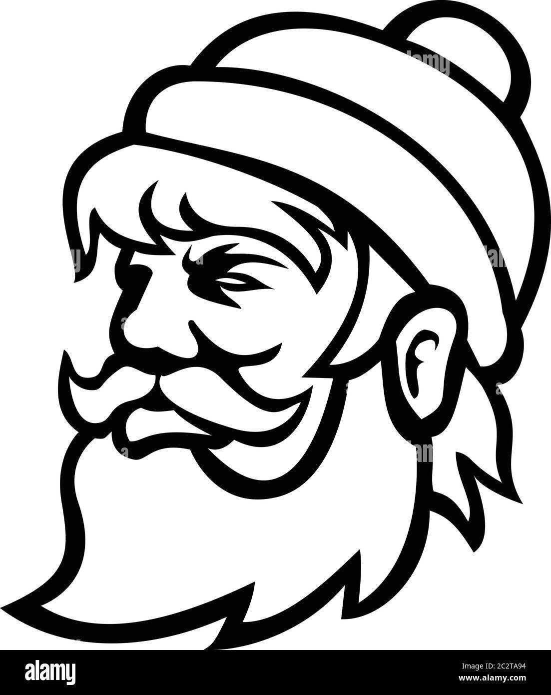 Illustrazione in bianco e nero del capo di Paul Bunyan, un gigantesco lumberjack nel folklore americano visto da un lato su sfondo isolato in stile retrò. Illustrazione Vettoriale