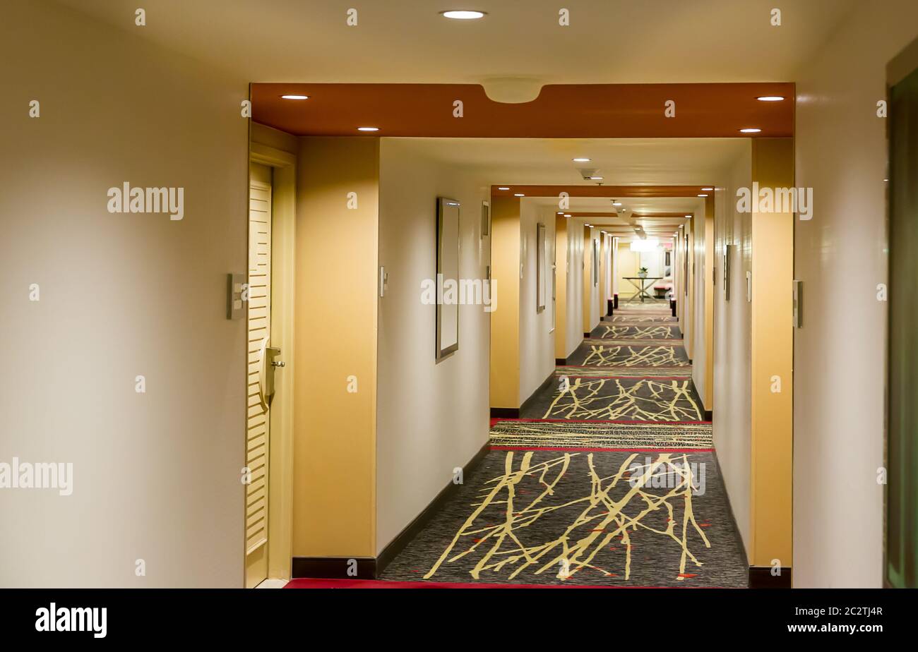 Corridoio interno dell'hotel con moquette. Corridoio vuoto dell'hotel. Foto Stock