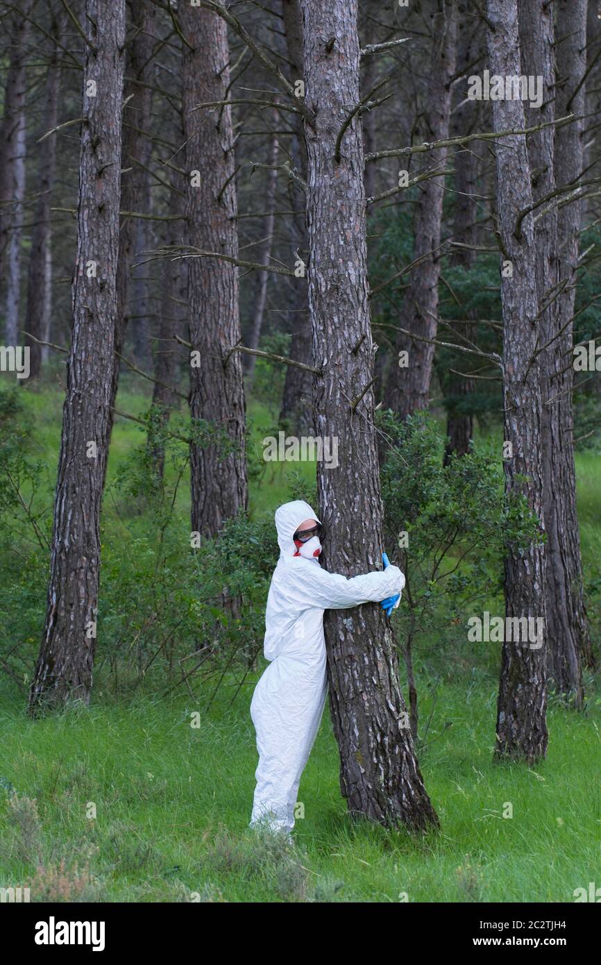 Persona con un tuta di sicurezza abbracciata ad un albero in una zona forestale. Foto Stock