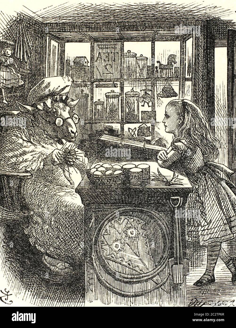 ALICE ATTRAVERSO IL VETRO 1871 DI Lewis Carroll. Alice con il negoziante di pecore. Foto Stock