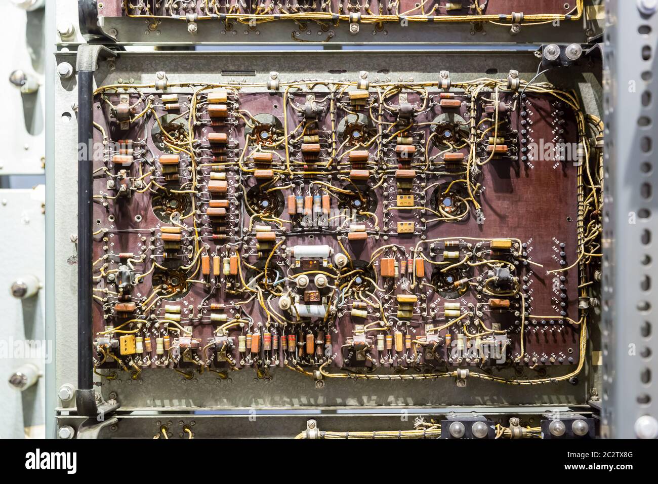Mostra di lastre elettroniche analogiche nel museo del computer negli Stati Uniti Foto Stock